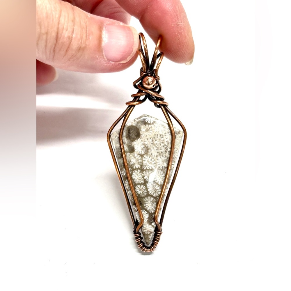 HAND CRAFTED Coral Fossil Wire Wrapped Copper Unisex Minimalist Pendant Necklace